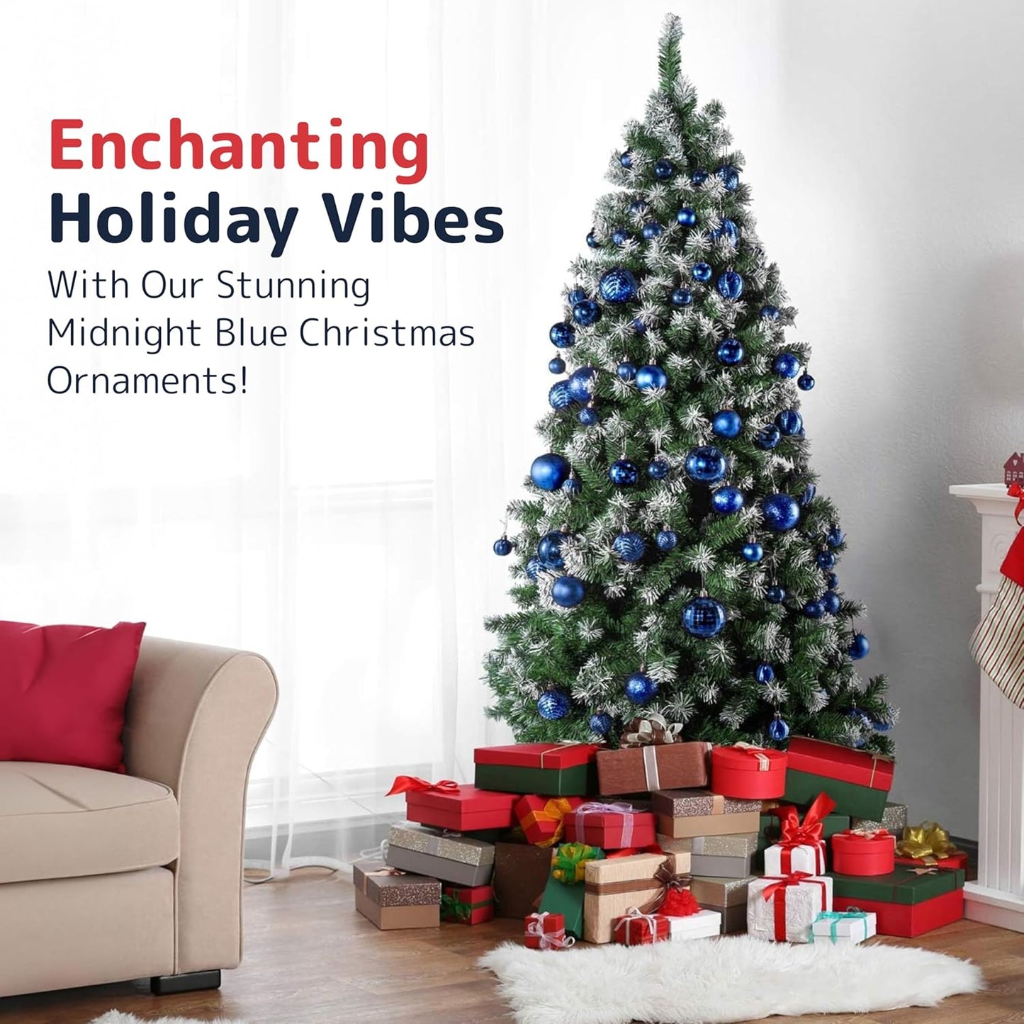 PREXTEX Shatterproof Christmas Ball Ornaments - 36pcs Blue Decorations with Hanging Loop in 6 Styles and 3 Sizes - Midnight Blue