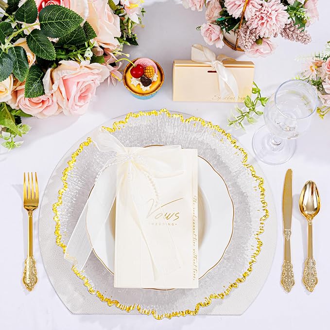 20pcs Clear and Gold Charger Plates Bulk 13inch Plastic Chargers for Dinner Plate Disposable Charger Plates Table Chargers for Wedding,Afternoon Tea,Spring,Mother's Day,Valentine's Day,Easter,Business