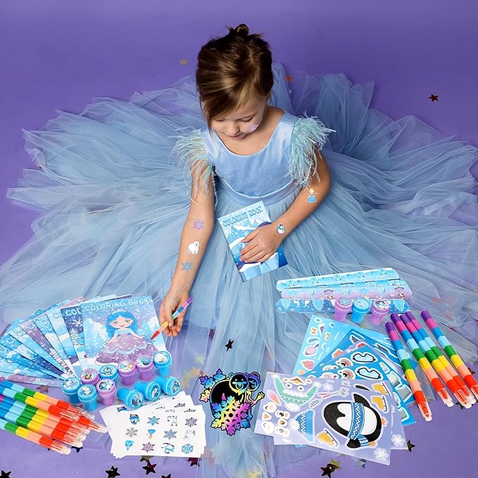 BenLouis 96pcs Frozen Party Favors Set for Kids Winter Snowflake Coloring Book Christmas School Classroom Gift Reward Prize Crafts Bulk for Students Frozen Birthday Goodie Bag Stuffers Supplies