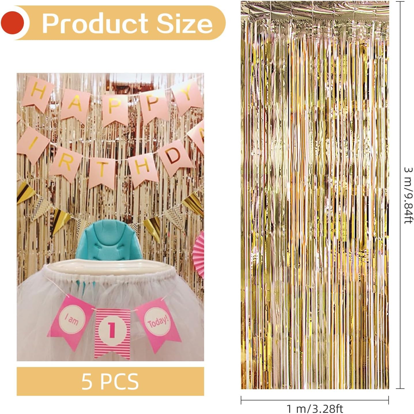 5 Pack Champagne Gold Foil Curtain Backdrop 3.2ft x 9.8ft Metallic Tinsel Foil Fringe Curtains Streamer Photo Booth Backdrop for Birthday Party Engagement Bachelorette Party Decorations