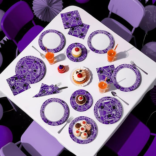 Paper Plates & Napkins, 25 Guest Disposable Party Supplies, Spider Webs and Spider Patterns Tableware Decorations Favors, 75pcs Including 9" & 7" Plates & Napkins for Halloween, Birthday, and Parties