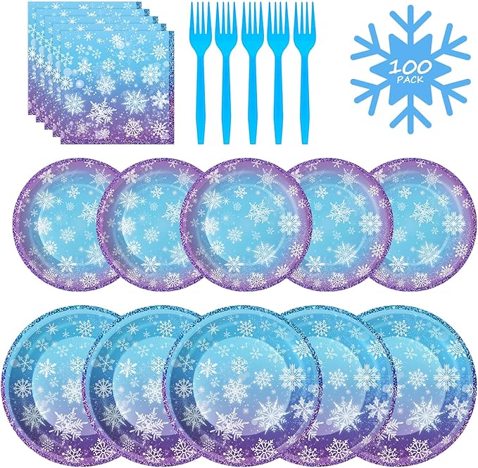 100 Pcs Frozen Plates and Napkins Sets - Snowflake Round Tableware, Disposable Winter Paper Dessert Plates and Napkins Forks for Christmas Winter Wonderland Party Supplies Table Decor, Serves 25