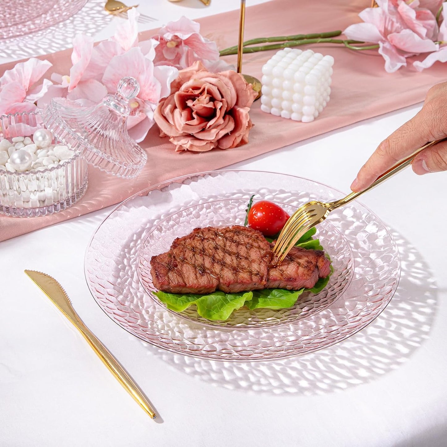 Rubtlamp 60PCS Pink Plastic Plates, Disposable Pink Plates with Hammered Design, Heavy Duty Plastic Platos Fancy Party Platos Include 30 Dessert Plate & 30 Dinner Plate for Bridal Wedding