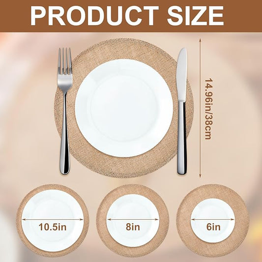 Yunlly Set of 48 Round Burlap Placemats Bulk Burlap Farmhouse Placemats Set Heat Resistant Table Mats Circle Jute Charger Place Mats for Wedding Holiday Dinner Rustic Table Decorations(15 in,Brown)