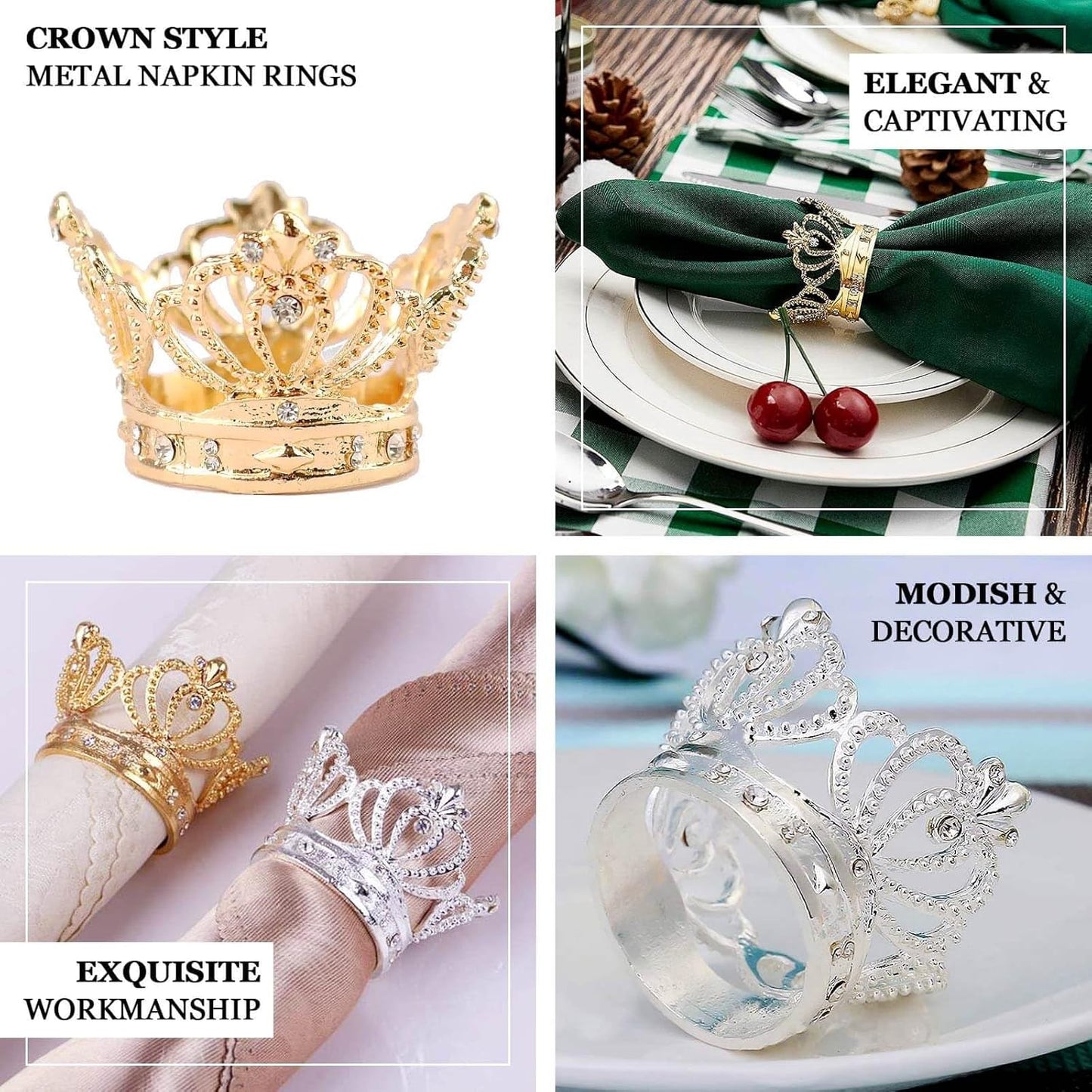 Efavormart 4 Pack | Metallic Gold Crown Rhinestone Napkin Rings, Royal Bling Napkin Holders