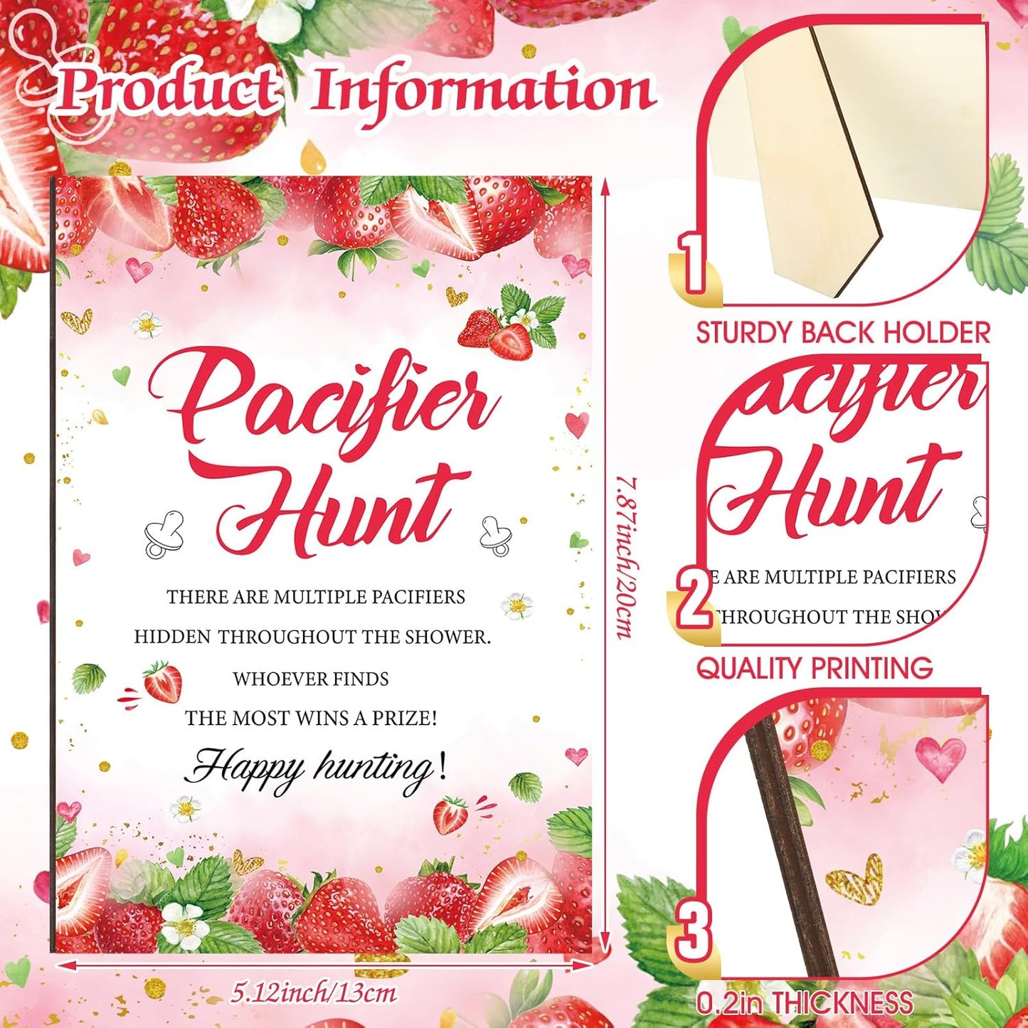 Thyle 51 Pcs Pacifier Hunt Baby Shower Games Include Hunt Sign and 50 Acrylic Pacifiers for Baby Shower Game Decoration Gift Sets Gender Reveal Party Decor(Strawberry)
