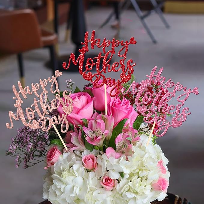 12 PCS Happy Mother's Day Centerpiece Sticks Double Sided Glitter Love Mother Best Mom Centerpieces for Happy Mother's Day Theme Table Flower Decorations Women Birthday Party Supplies Colorful