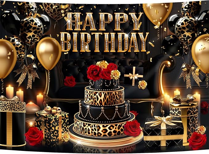 Homewelle Happy Birthday Backdrop for Women 7Wx5H Feet Black Gold Leopard Print Cheetah Balloon Banner Decoration Red Rose Party Celebration Photography Background Photo Shoot Props Polyester Fabric