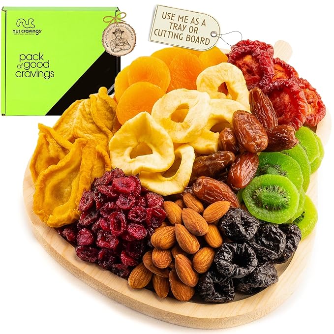 NUT CRAVINGS - Halloween Treats For Adults Dried Fruit & Mixed Nuts Gift Basket in Wooden Pear-Shaped Tray (9 Assortments) Holiday Xmas Christmas Food Arrangement, Healthy Snack Care Package,