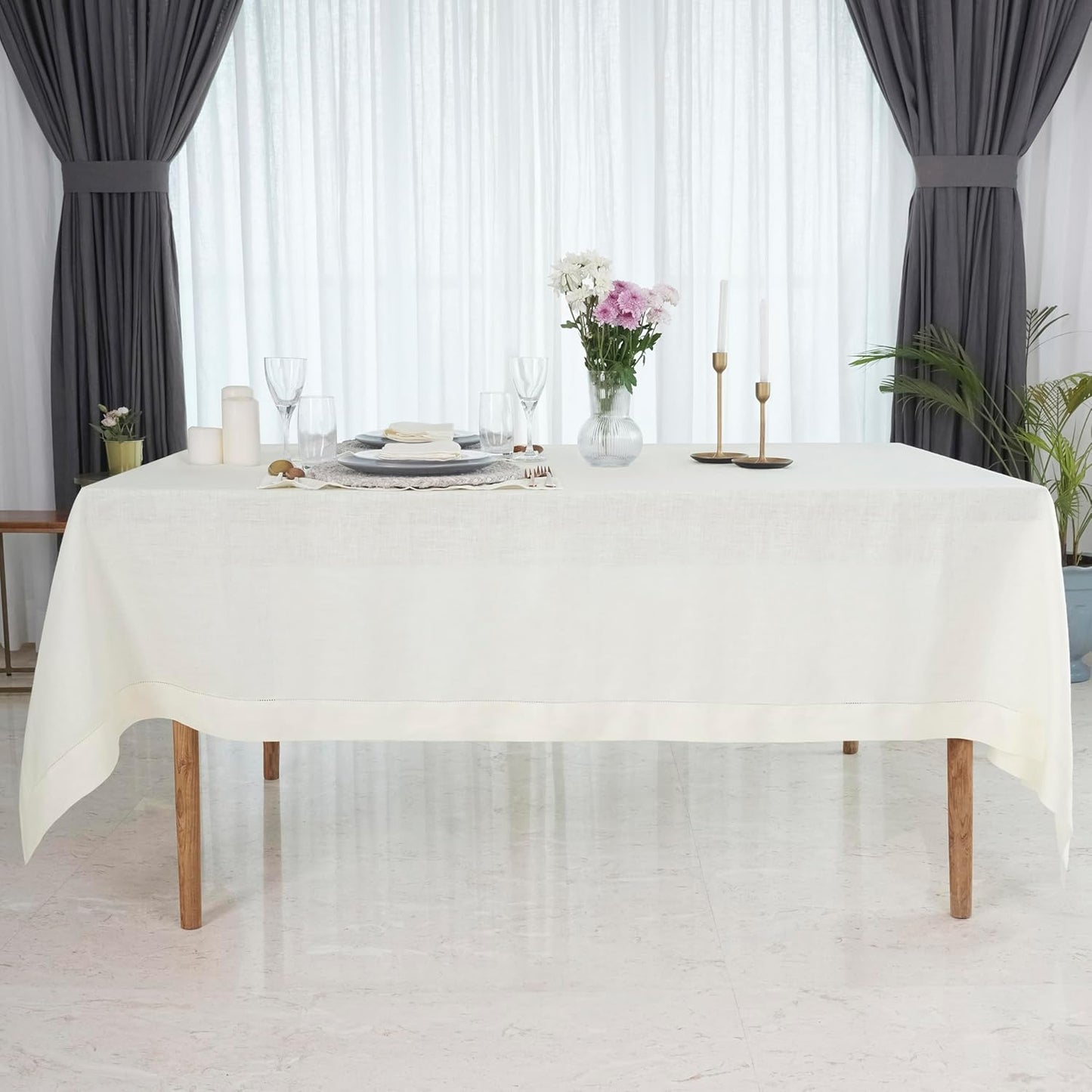 D'Moksha Homes Ivory Linen Tablecloth 54 x 72 Inch - 100% Pure Linen Ivory Table Cloth for Rectangle Tables - Classic Hemstitch, Machine Washable Tablecloth for Fall, Autumn and Halloween