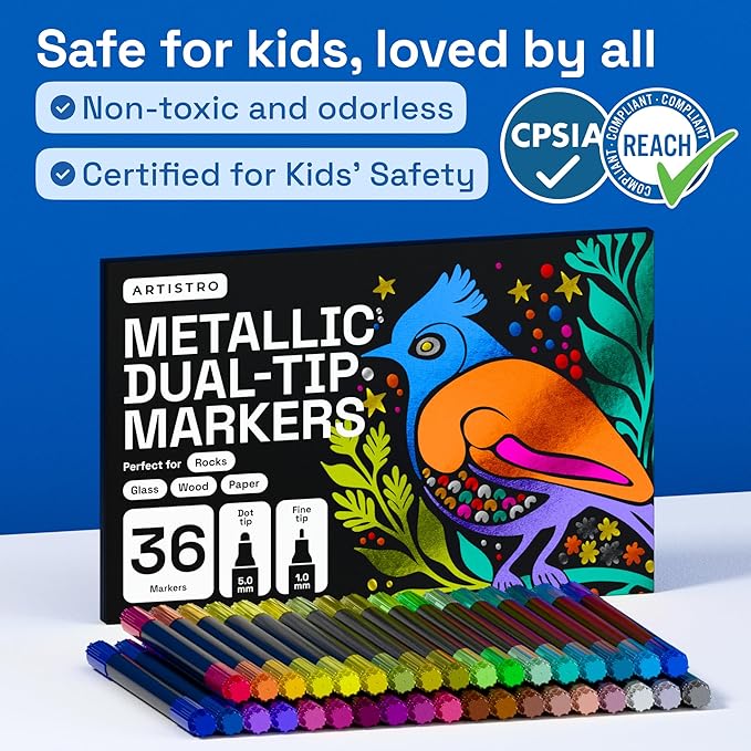 ARTISTRO 36 Metallic Acrylic Paint Markers for Rock, Fabric, Wood, Glass, Decoration - Dual-Tip Paint Pens for Coloring Books for Adults, Teens, Kids - Art and Craft Supplies Kit - Gift Idea