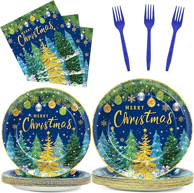 96pcs Christmas Pine Tree Paper Plates and Napkins - Xmas Party Decorations, Dessert Cake Snowflakes, Serves 24