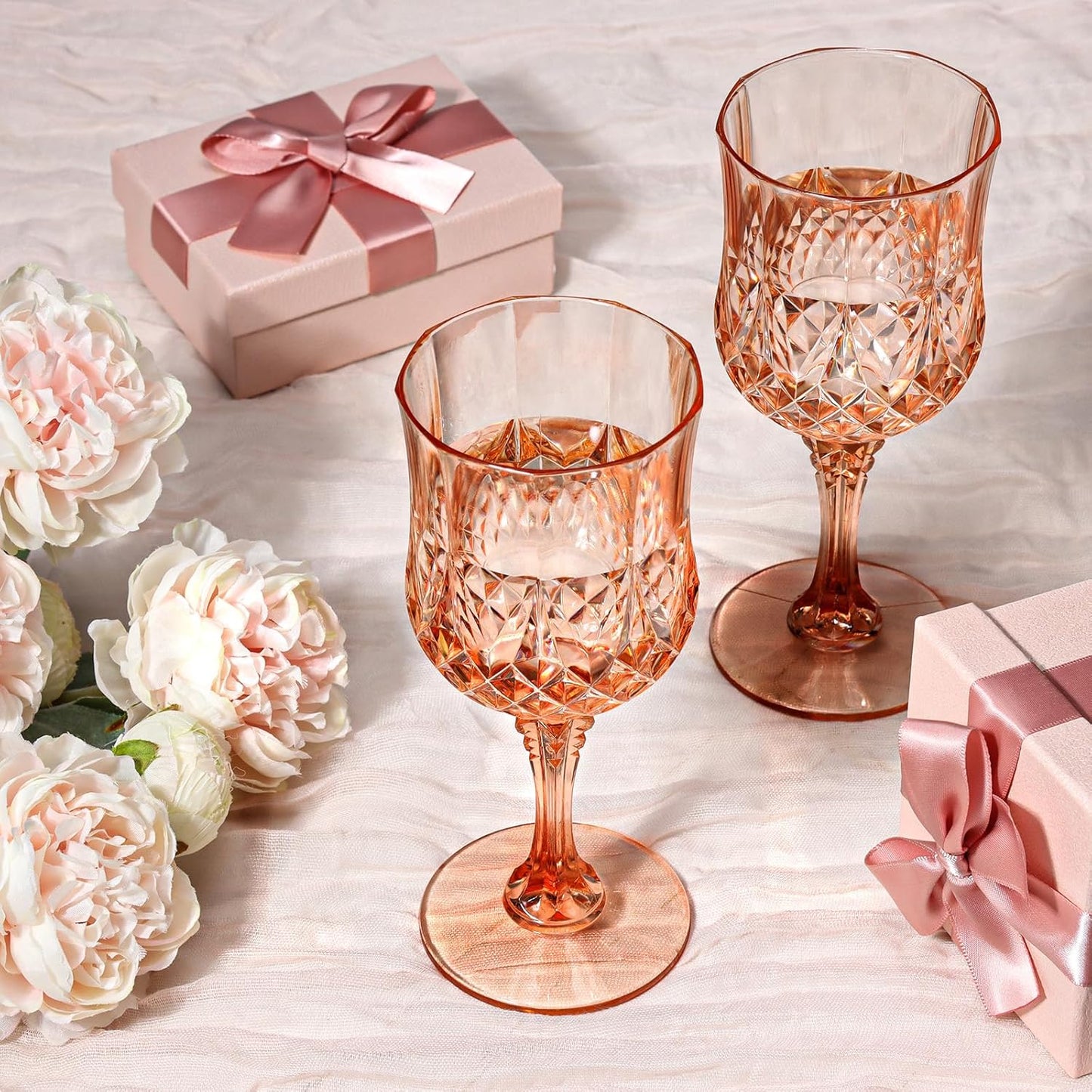 XUWAIDSGN 24 Pcs 7oz Plastic Vintage Wine Glasses Drinking Glasses Unbreakable Wedding Glassware Crystal Water Goblets Reusable Drinkware Vintage Champagne Flutes (24, Pink)