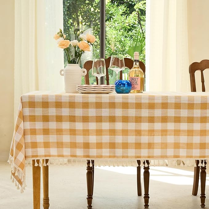 Table Cloth Square Table-Rustic Gingham Tablecloth Buffalo Plaid Tablecloths for Spring Easter Thanksgiving Picnic Kitchen Dining Room (55x55 Inch,Yellow and White)