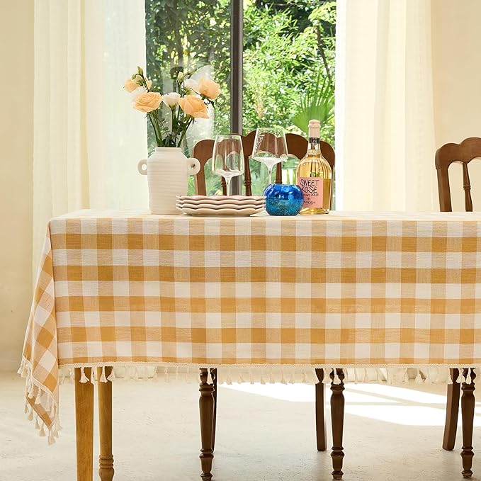 Table Cloth Rectangle Table-Rustic Gingham Tablecloth Buffalo Plaid Table Cloth for Spring Summer Kitchen Dining Room (55x84 Inch,Yellow and White)