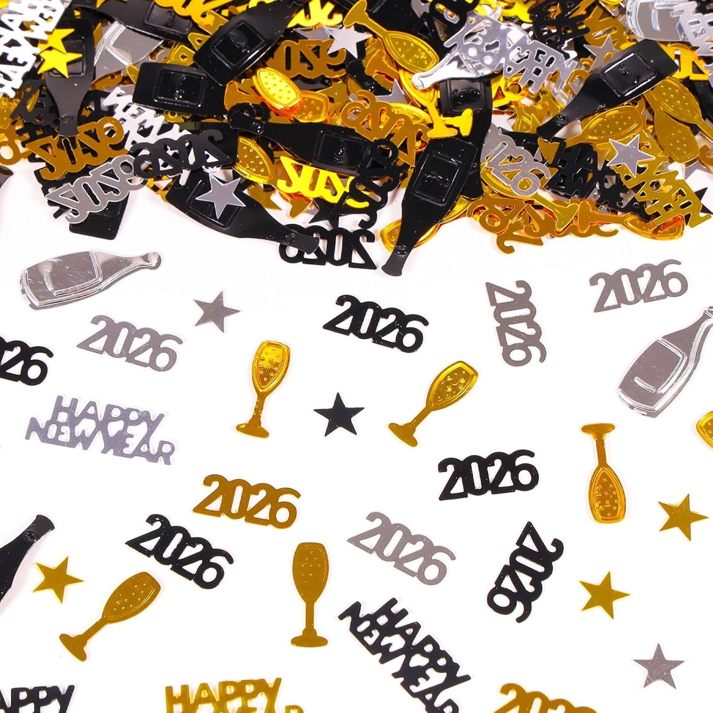 Happy New Year 2026 Confetti, Gold Black and Silver Star Wine Bottle Sprinkles Table Scatter Confetti for New Years Eve Decorations