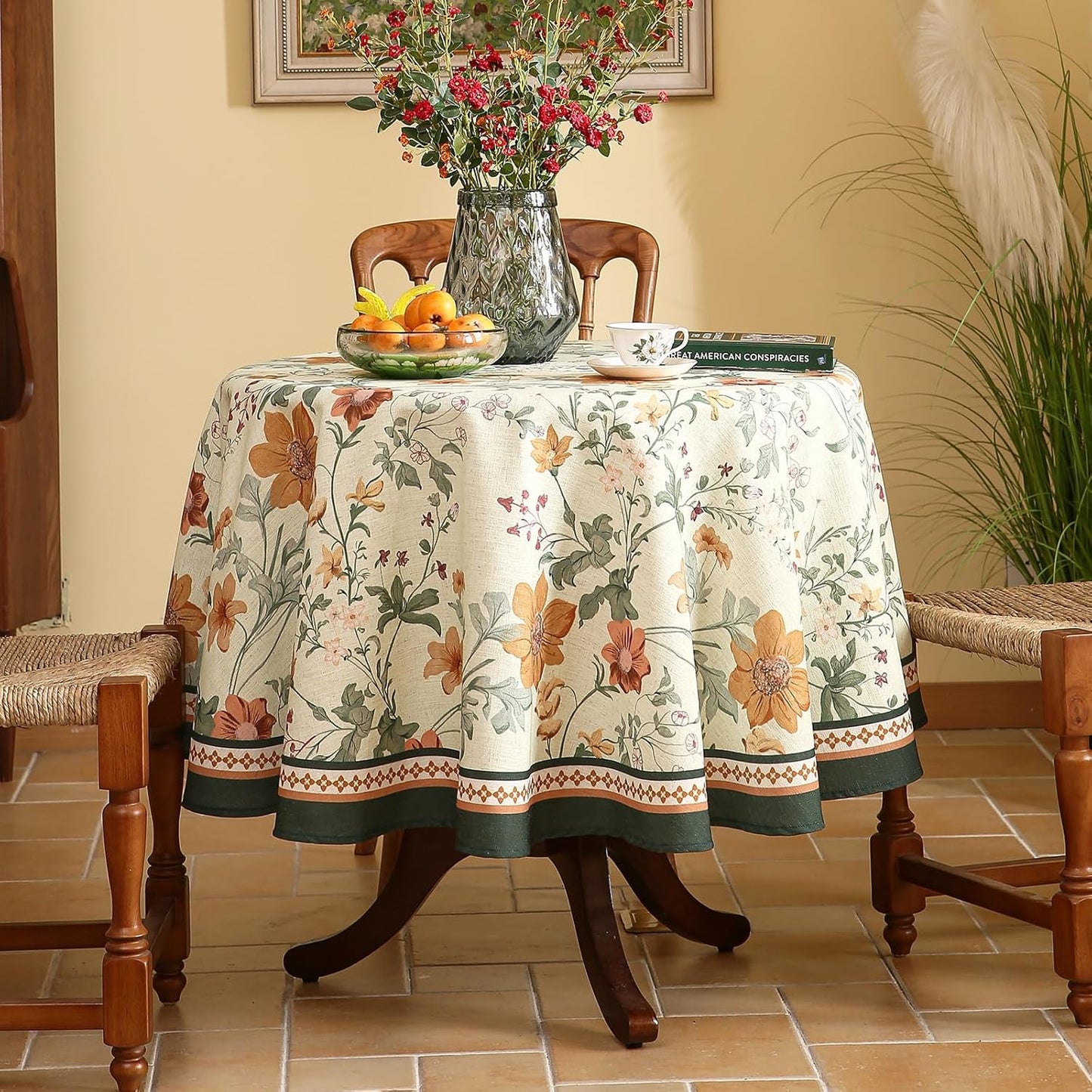 French Linen Small Tablecloth for Round Table,Orange Floral Pattern Wrinkle Resistant Tablecloths,Decor Table Cover for Kitchen,Dining,Party,Thanksgiving,Christmas,Diameter 55"-Milch