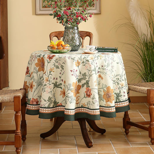 French Linen Small Tablecloth for Round Table,Orange Floral Pattern Wrinkle Resistant Tablecloths,Decor Table Cover for Kitchen,Dining,Party,Thanksgiving,Christmas,Diameter 55"-Milch