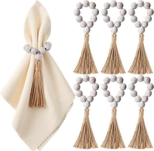 APTWOW Napkin Rings Set of 6, White Washed Wood Bead Napkins Rings, Wooden Napkins Rings for Table Decor, Farmhouse Napkin Rings for Boho Table Decor, Family Banquet, Wedding, Holiday Dinner Party