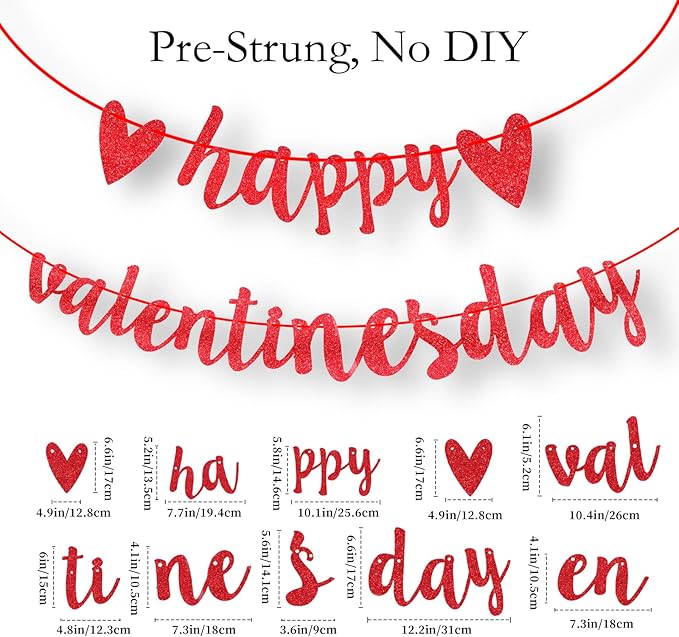 Glitter Happy Valentines Day Banner, Pre-Assemble Valentines Day Banners, Red Valentine's Day Sign with Heart for Valentine Home, Office, Fireplace, Wall and Party Decorations