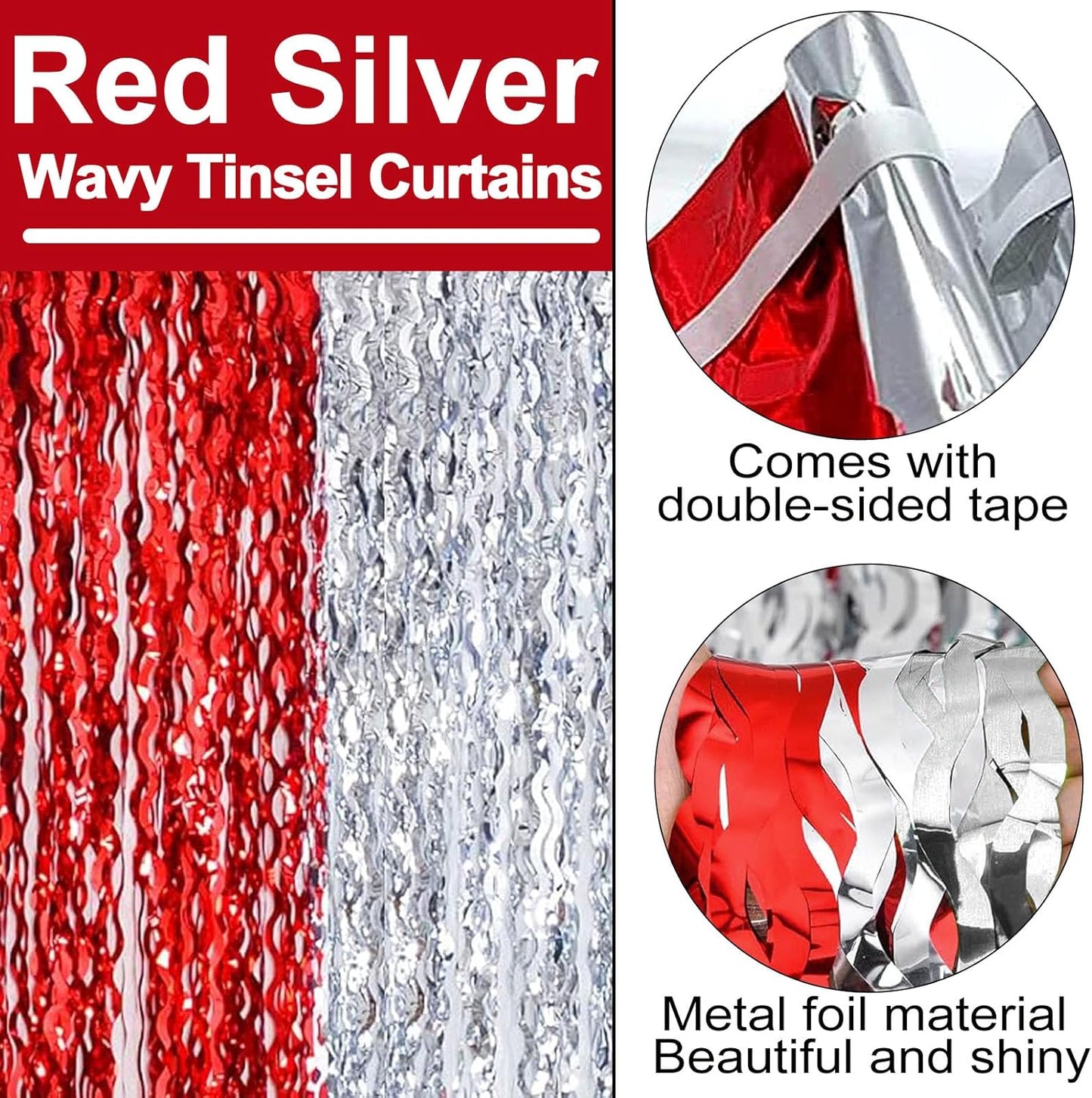 4 Pack Red Silver Fringe Curtain Backdrop 3.2Ft x 8.2Ft Metallic Tinsel Foil Fringe Streamers Background for Photo Booth Mother's Day, Easter, Carnival, Birthday, Wedding Party Decoration