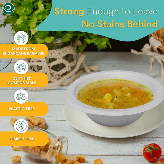ECO SOUL 100% Compostable 12 Oz Soup Bowls [200-Pack] Disposable Sturdy Bowls I Heavy Duty Paper Bowl I Eco-Friendly Salad Bowl I Biodegradable Small