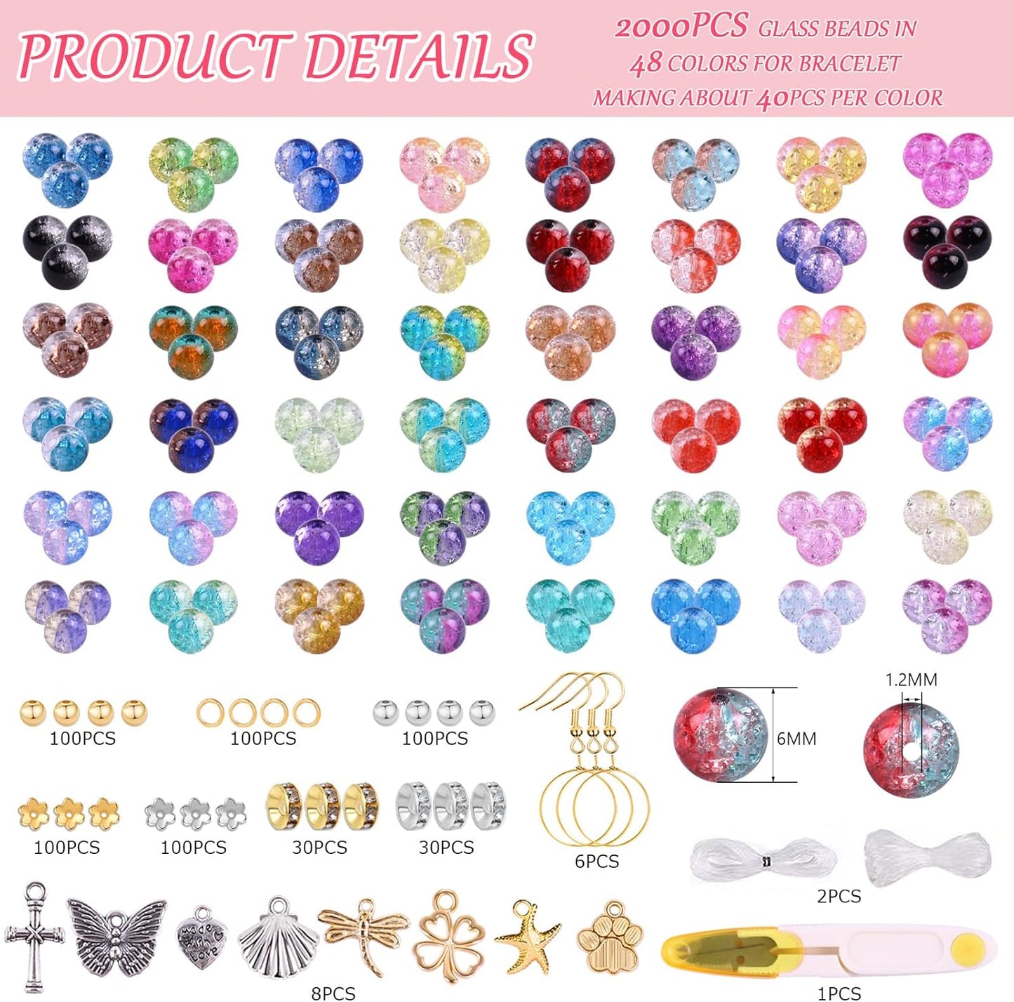 2600 PCS 6mm Crackle Glass Beads for Jewelry Making, 48 Colors Crystal Beads Bracelet Making Kit, Round Beads for Bracelets, Friendship Bracelet kit for DIY Crafts Gifts, 2 Box (Crackle Colors)