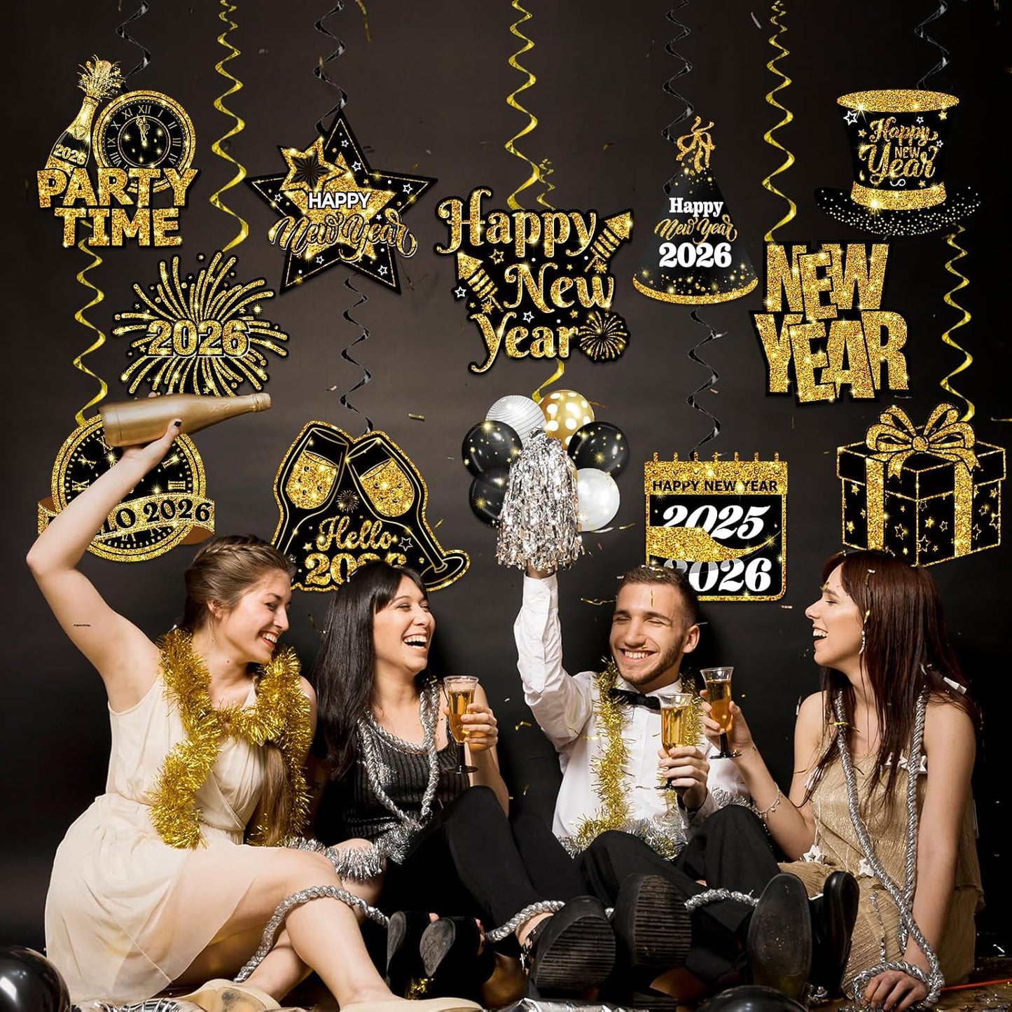 New Years Decorations Hanging Swirls,Black and Gold 2026 New Years Eve Decorations Banner Ceiling Hanging Pom Pom Garland Triangle Flag for Happy New Year Decorations