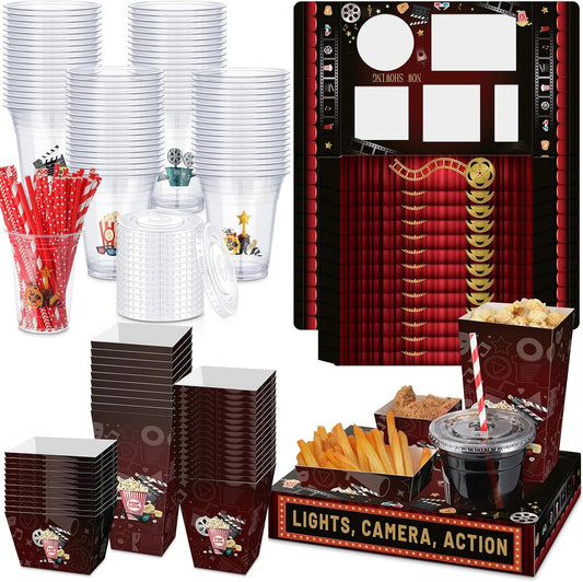 Bokon 172 Pcs/ 24 Sets of Christmas Movie Night Snack Trays 3 Sizes Snack Boxes, 16 oz Disposable Drinks Cups, 50 Straws, Complimentary Sealing Stickers for Cinema Party Decoration(Plastic,Cinema)