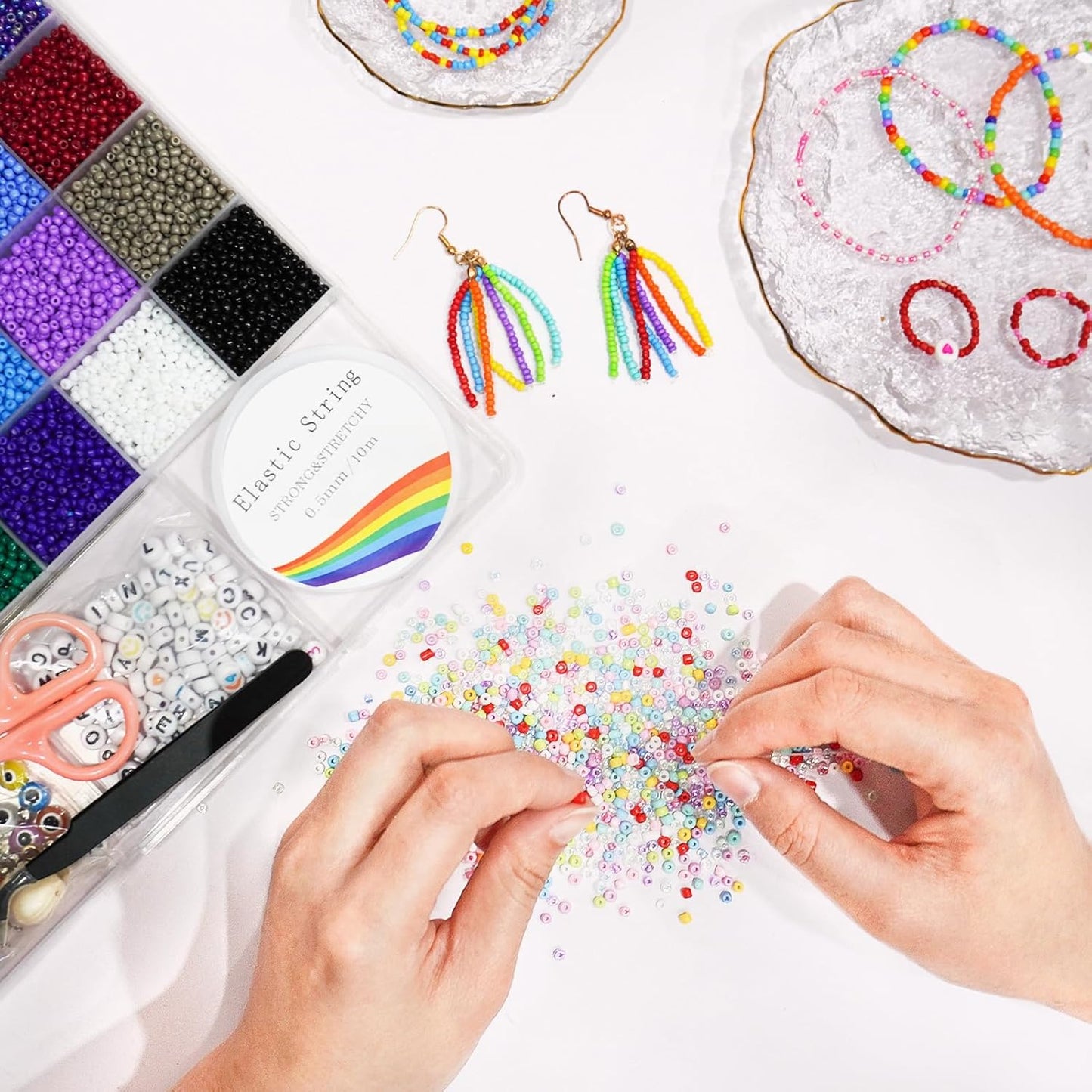 Redtwo 8000pcs 3mm Glass Seed Beads for Bracelet Making Kit, Small Beads Friendship Jewelry Making Kit, Letter Beads with Elastic String, DIY Art Craft Girls Gifts.