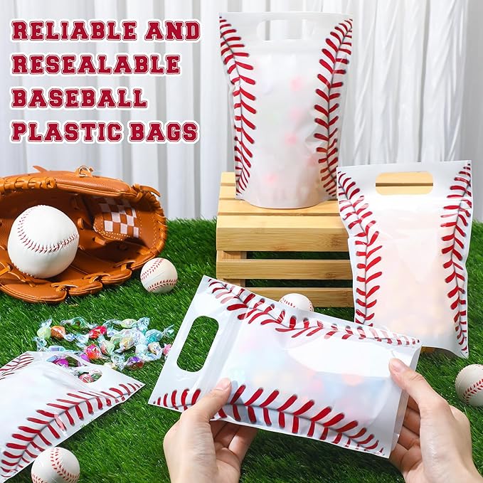 Blosssound 50 Pcs Sport Plastic Bags Clear Baseball Sealed Pouches with Handles Resealable Baseball Party Gift Bags for Sports Theme Birthday Party Candy Gift Wrap Supplies Decoration