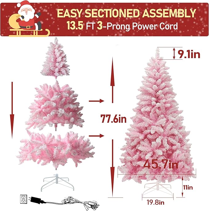 MUPATER 6ft Snow Flocked Christmas Tree Pre-lit, Pink Christmas Flocked Tree with Lights, Artificial Holiday Christmas Tree with Stand for Home Decoration