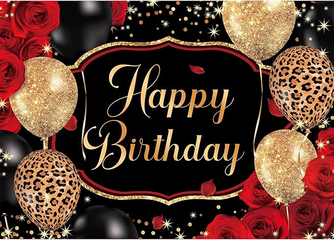 Homewelle Black Gold Happy Birthday Backdrop Polyester Fabric 7Wx5H Feet Red Rose Leopard Balloons Party Banner 30th 40th 50th Event Abstract Celebration Photography Backgrounds Photo Shoot Props