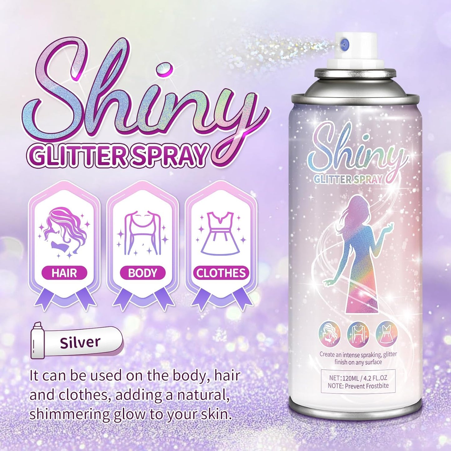 Body Glitter Spray Hair Glitter for Kids Quick-Drying Long Lasting Shimmer Body Spray for Festival Rave Stage Prom, 4.22 Fl Oz, Silver