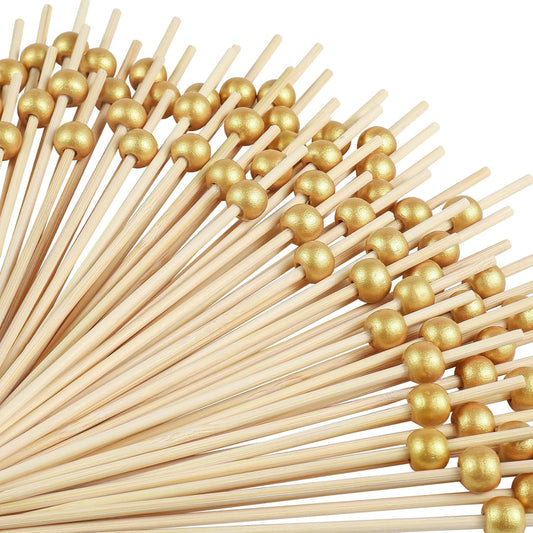 200 PCS Cocktail Toothpicks for Appetizers, Natural Bamboo Coctail Skewers Sticks, Pearl Decorative Cocktail Tooth Picks for Drinks, Fruit, Charcuterie, Wedding Food Party Fancy 4.7 Inch Long, Gold