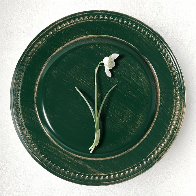 Vintage Charger Plates Set of 6, Beaded Service Plate, Plastic Charger Plate Set Bulk Wedding Easter, Event, Saint Patrick, Holiday, Christmas, Elegant Table Setting Centerpieces, Hunter Green