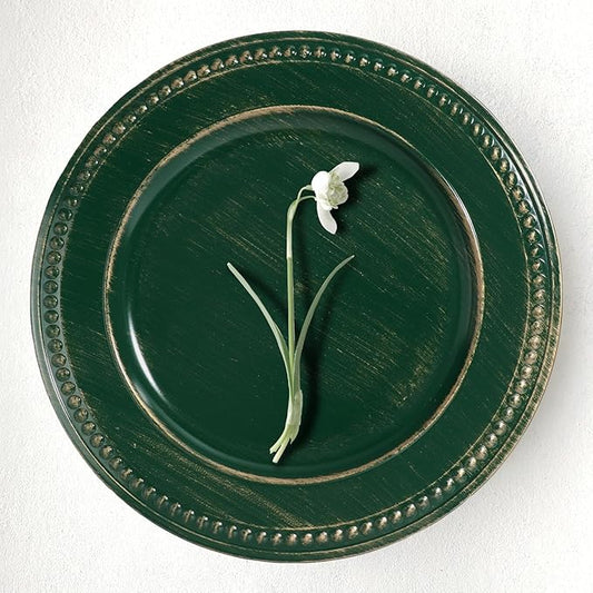 Vintage Charger Plates Set of 6, Beaded Service Plate, Plastic Charger Plate Set Bulk Wedding Easter, Event, Saint Patrick, Holiday, Christmas, Elegant Table Setting Centerpieces, Hunter Green