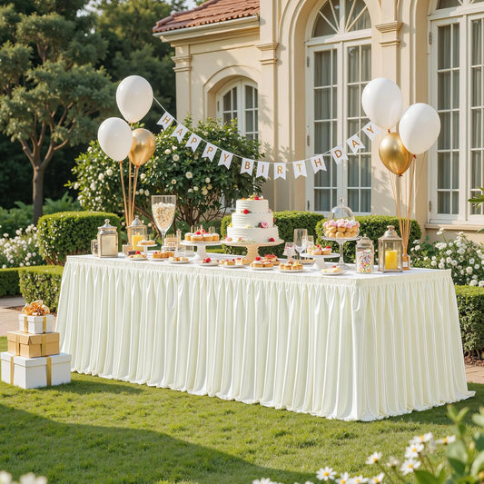 Wish Care 17ft Length Ivory Satin Table Skirt for Rectangle Tables Wrinkle Free Glitter Desk Skirts Pleated Ruffle Table Cloth for Wedding Birthday Baby Shower Party Banquet Buffet Table Decorations