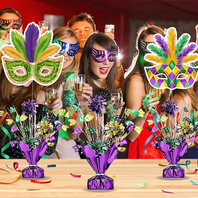 6 PCS Mardi Gras Table Centerpieces Metallic Plastic Carnival Decoration Centerpiece Glitter Foil Masquerade Party Table Decor with Carnival Cutouts for Festival Home Table Party Supplies Decor