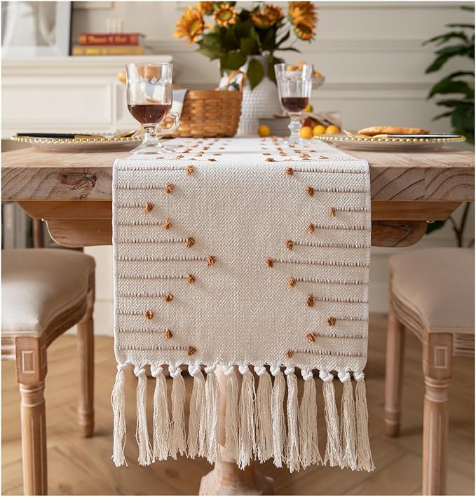 Boho Table Runner 13 x 60 Inch Long Natural Cotton Woven Runner with Tassels for Home Dining Table décor, for Modern Farmhouse Decor Coffee Table Runner, Brown and Beige