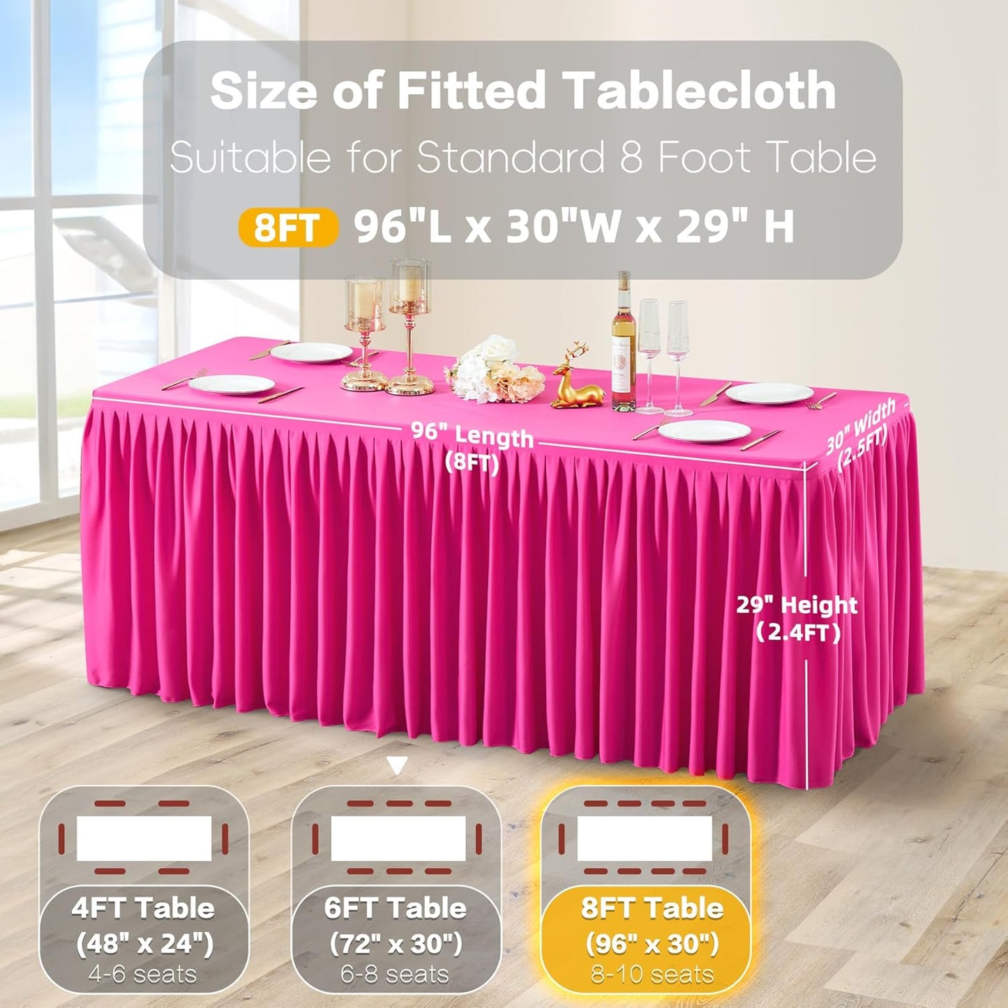 Hot Pink Polyester Table Clothes for 8 Foot Rectangle Tables, Wrinkle Free Fitted Table Cover with Pleated Ruffle Table Skirt for Birthday Party Wedding Trade Show Event Display