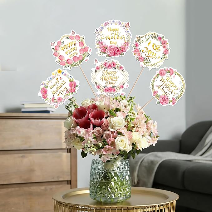 18 PCS Happy Mother's Day Centerpiece Sticks Double Sided Love Mother Best Mom Table Centerpieces for Happy Mother's Day Theme Table Flower Decorations Women Birthday Party Centerpieces Supplies