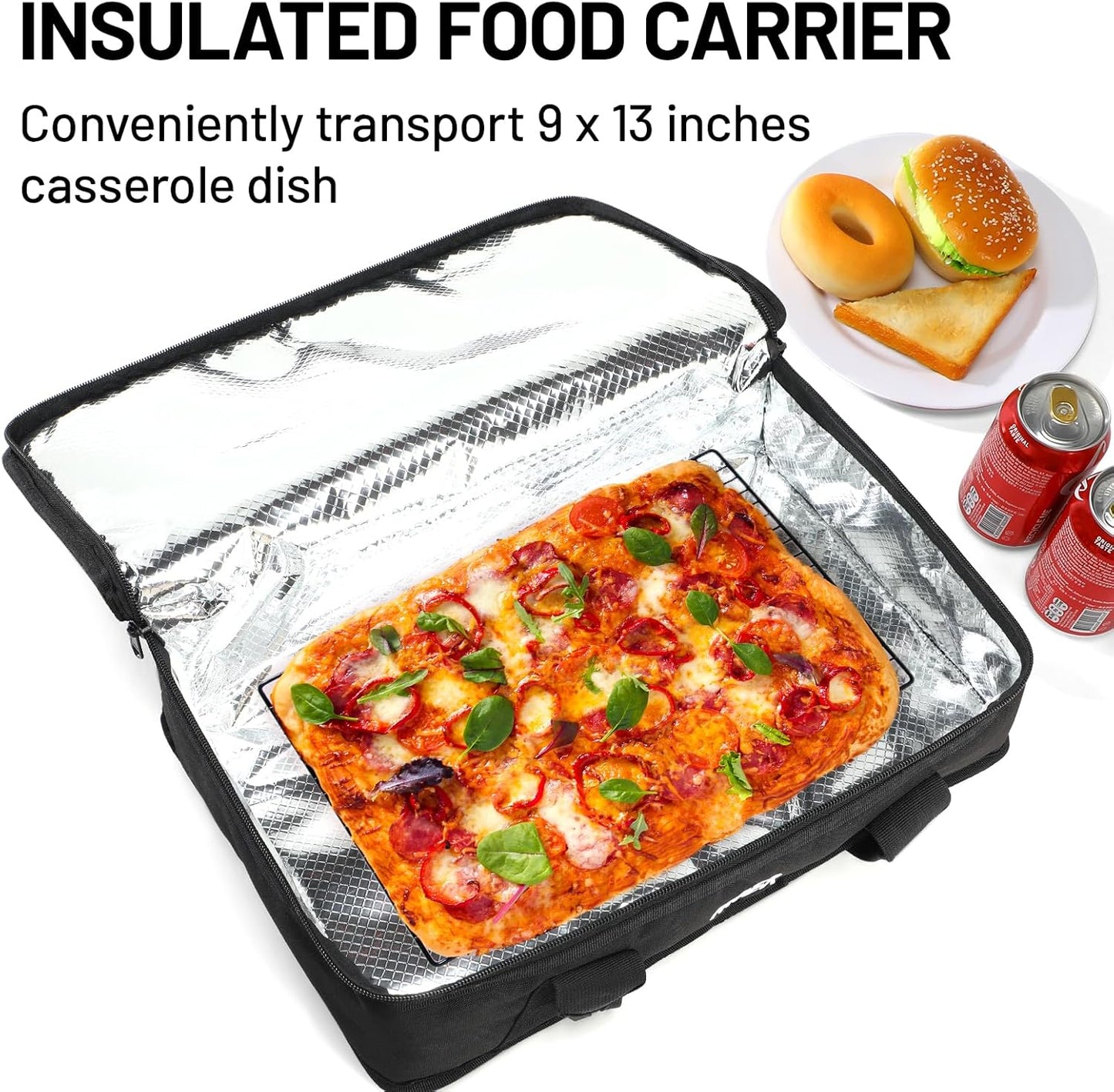 MIER Insulated Casserole Carrier for Hot or Cold Food Thermal Food Carrier Bag for Lasagna Potluck Parties Picnic Cookouts, Fits 9"x13" Baking Dish/Foil Pan, Black