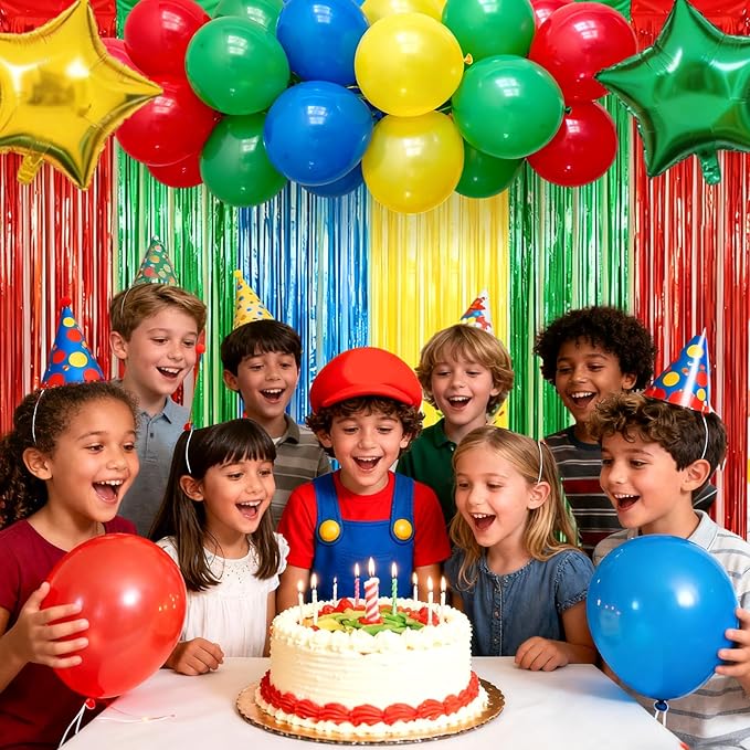 4 Packs Blue Red Green Yellow Foil Fringe Curtain, Blue Red Green Yellow Glitter Metallic Tinsel Backdrop for Birthday, Baby Shower, Video Game Theme Party Decorations Supplies