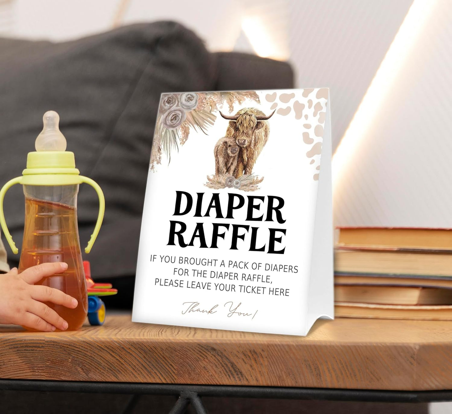 Diaper Raffle Tickets for Baby Shower Game, 1 Standing Sign & 50 Guessing Cards for Baby Shower Party Decoration, Holy Cow, Boho Highland Cow