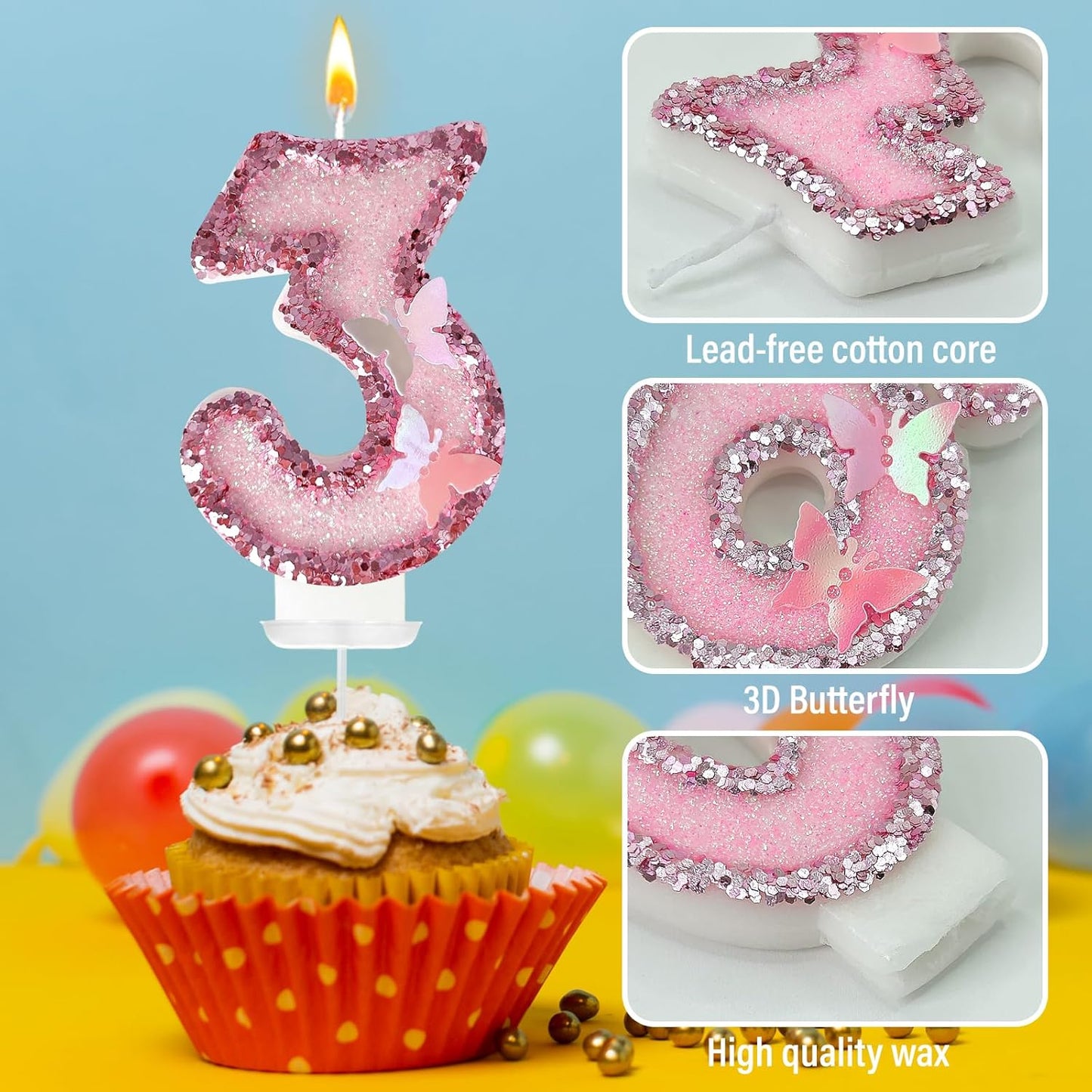 30Th Birthday Candles，Glitter Butterfly Cake Toppers Pink Sequins Wedding Numeral Cupcake Decorations，Suitable for Girl and Boy Wedding Cakes, Party Celebrations, Birthday Decorations (30)