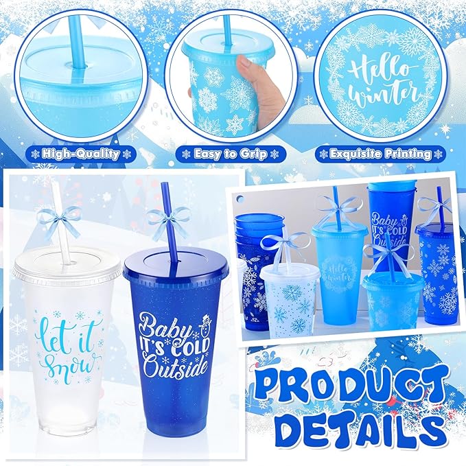 Yoiemivy 24 Pack Winter Plastic Cups Bulk 24 oz Reusable Snowflake Tumbler with Lids and Straws Holiday Party Christmas Drinking Cups for Holiday Party Favors Supplies