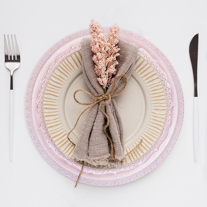 13" Foil-Pink Charger Plates, Lace Embossed Elegant Charger Plate Set of 6, Round Server Ware Chargers for Dinner Plate, Reusable Bulk Table Setting for Party or Event