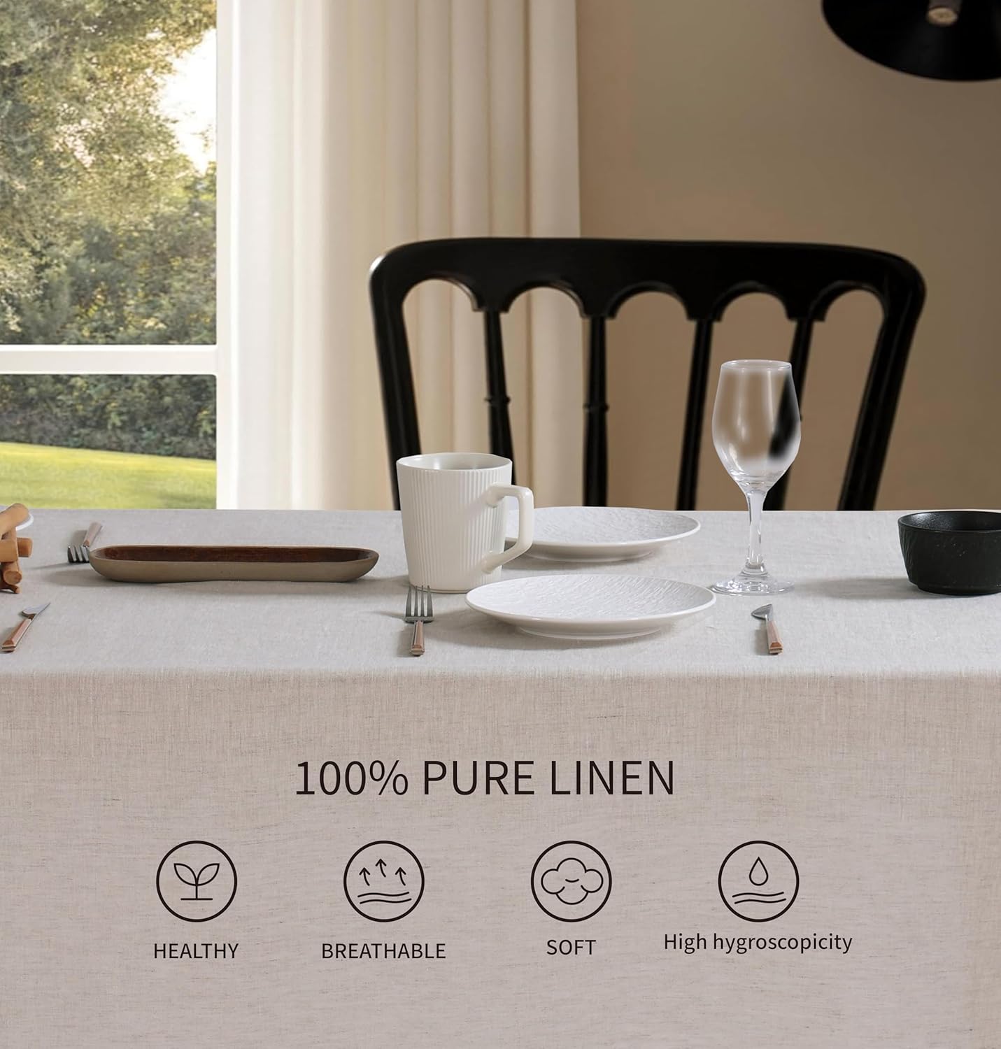 100% French Flax Linen Tablecloths Scalloped Embroidery Rectangle 132Lx60W Inch for Dinners, Parties, Spring, Machine Washable, 12-14 Sets, Linen(Edges-Green)