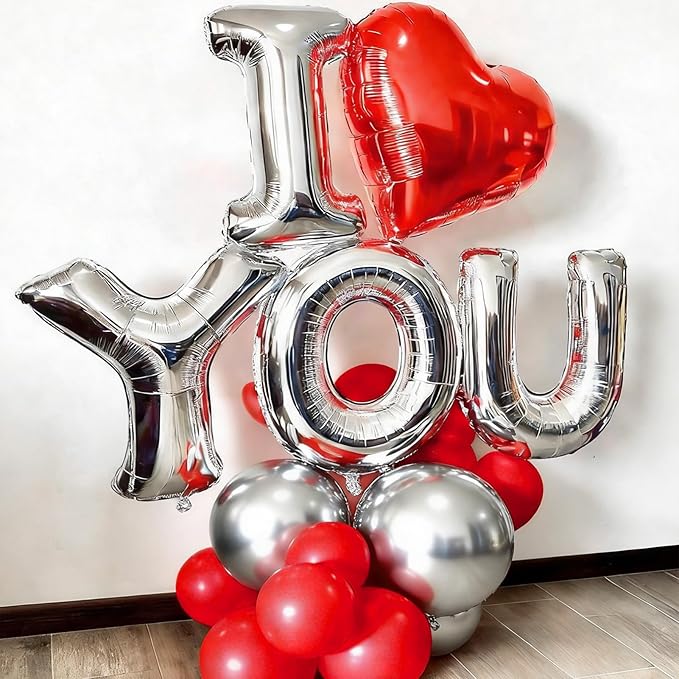 Valentines Day Balloon Arch Kit, Red and Silver Balloon Garland with Large Bear/I YOU/Heart Foil Balloons for Galentines Mothers Day Wedding Engagement Anniversary Valentines Party Decorations